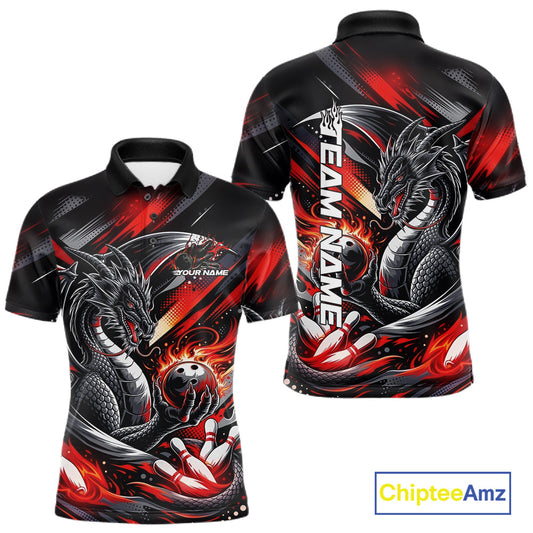 Personalized Black And Red Dragon Bowling Team Jerseys, Dragon Bowling Polo Shirt IPHW10299