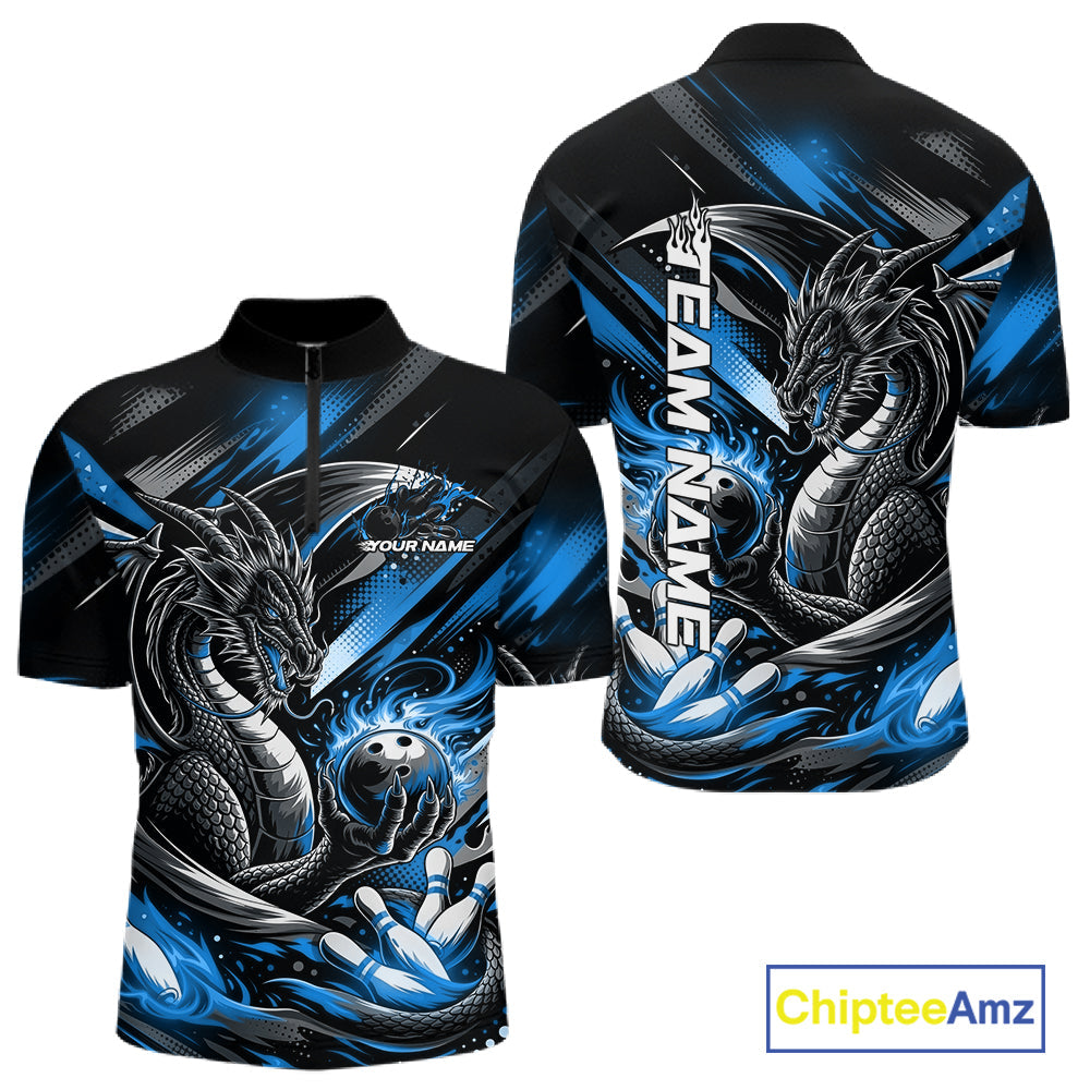 Personalized Black And Blue Dragon Bowling Team Jerseys, Dragon Bowling Quarter-Zip Shirt IPHW10300