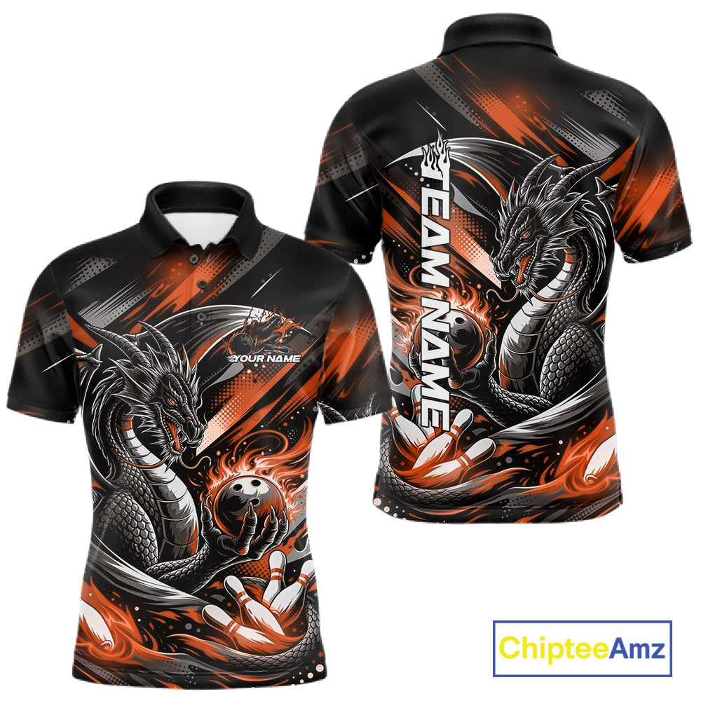 Personalized Black And Orange Dragon Bowling Team Jerseys, Dragon Bowling Polo Shirt IPHW10301