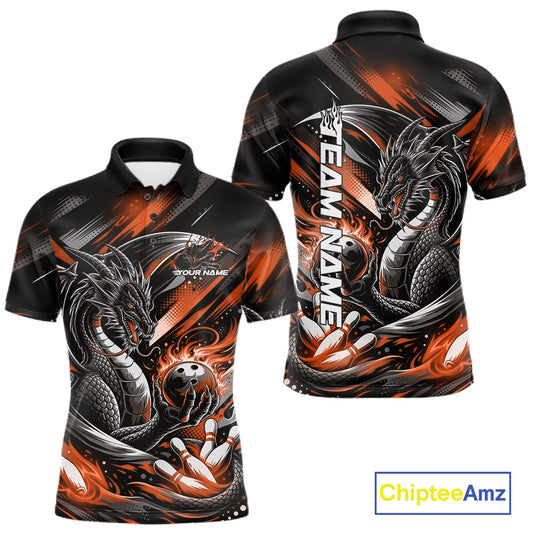 Personalized Black And Orange Dragon Bowling Team Jerseys, Dragon Bowling Polo Shirt IPHW10301
