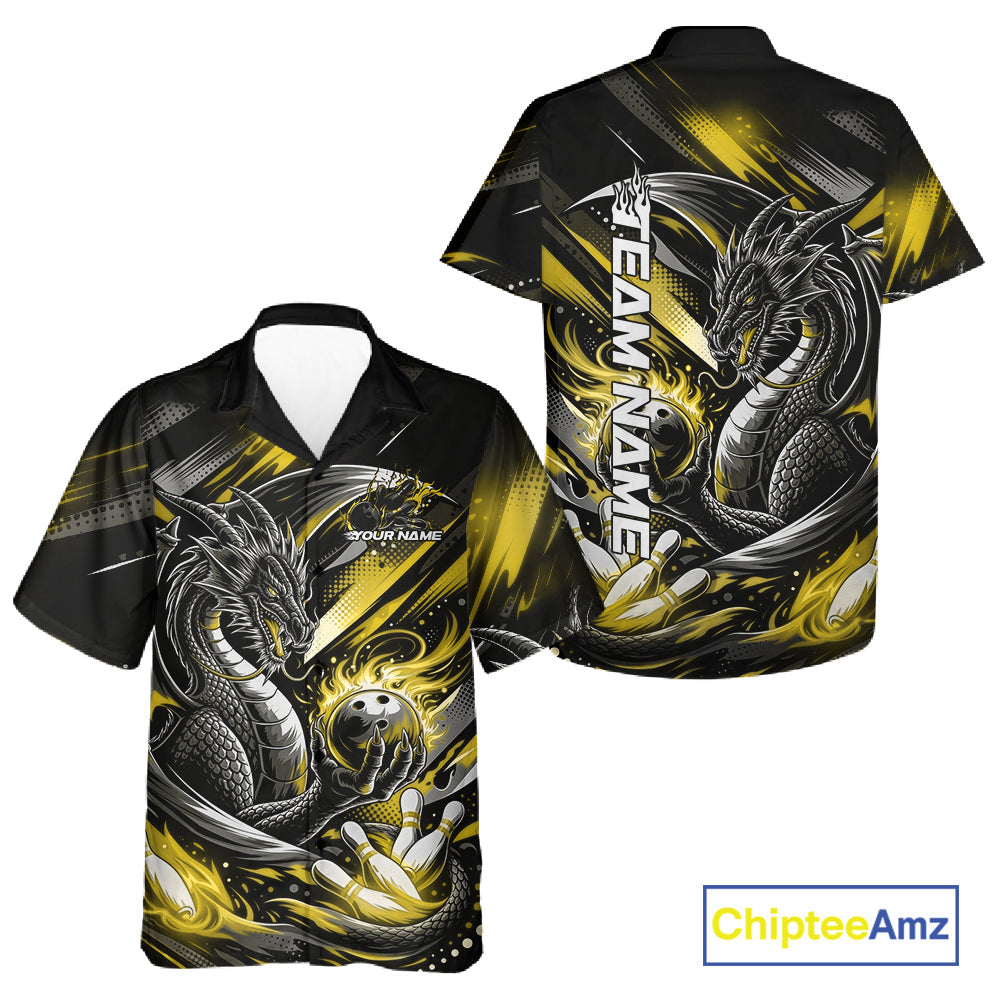 Personalized Black And Yellow Dragon Bowling Team Jerseys, Dragon Bowling Hawaiian Shirt IPHW10302