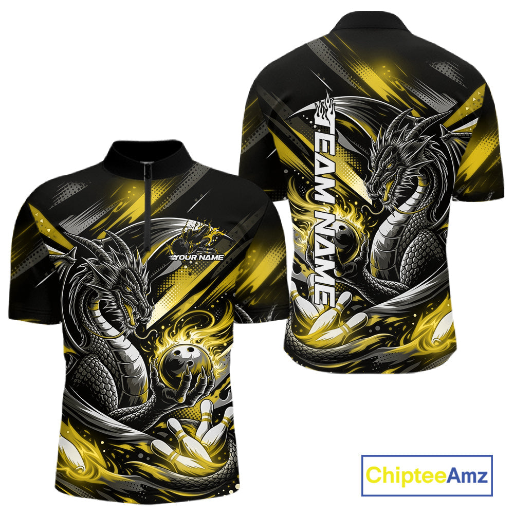 Personalized Black And Yellow Dragon Bowling Team Jerseys, Dragon Bowling Quarter-Zip Shirt IPHW10302