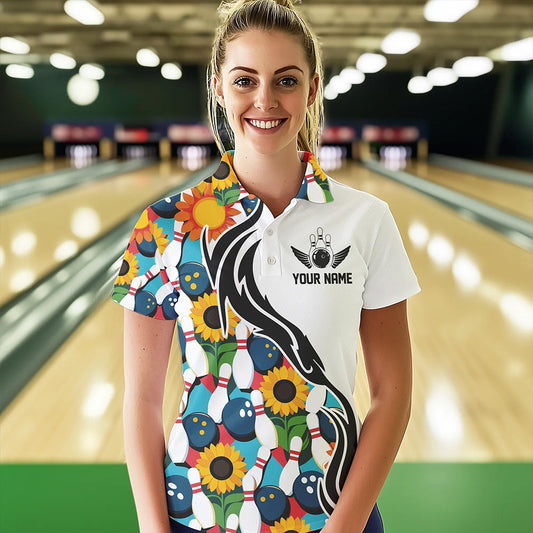 Custom Sunflower Bowling Pattern Polo Shirts For Women, Sunflower Bowling Team Shirts IPHW8439