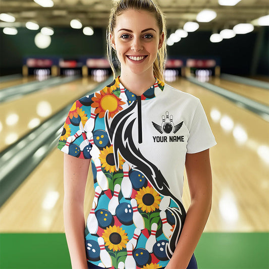 Custom Sunflower Bowling Pattern Quarter-Zip Shirt For Women, Sunflower Bowling Team Shirt IPHW8439