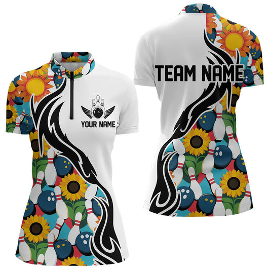 Custom Sunflower Bowling Pattern Quarter-Zip Shirt For Women, Sunflower Bowling Team Shirt IPHW8439