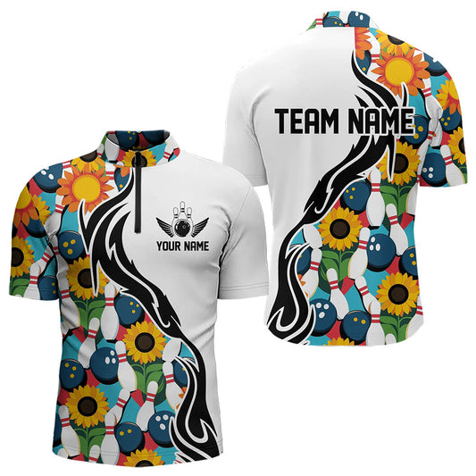 Custom Sunflower Bowling Pattern Quarter-Zip Shirts For Men, Sunflower Bowling Team Shirts IPHW8439
