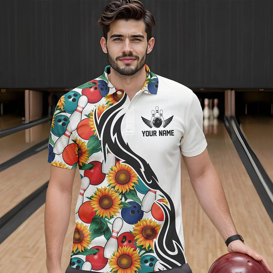 Custom Sunflower Bowling Pattern Polo Shirts For Men, Sunflower Bowling Team Shirts IPHW8440