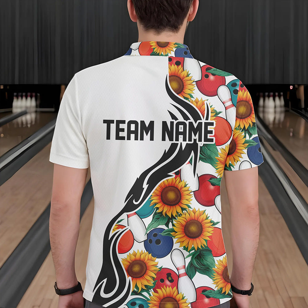 Custom Sunflower Bowling Pattern Polo Shirts For Men, Sunflower Bowling Team Shirts IPHW8440