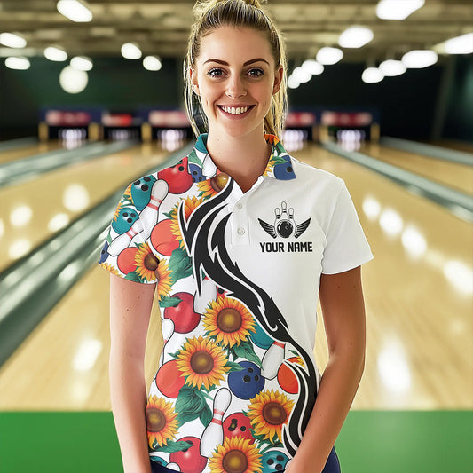 Custom Sunflower Bowling Pattern Polo Shirts For Women, Sunflower Bowling Team Shirts IPHW8440
