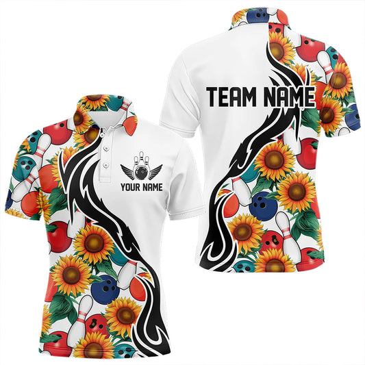 Custom Sunflower Bowling Pattern Polo Shirts For Men, Sunflower Bowling Team Shirts IPHW8440