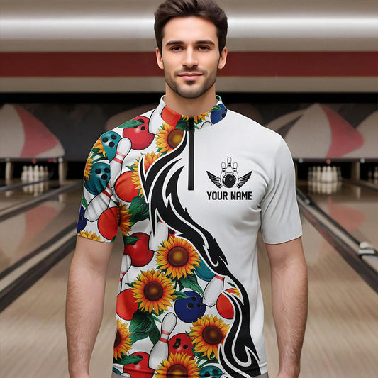 Custom Sunflower Bowling Pattern Quarter-Zip Shirts For Men, Sunflower Bowling Team Shirts IPHW8440
