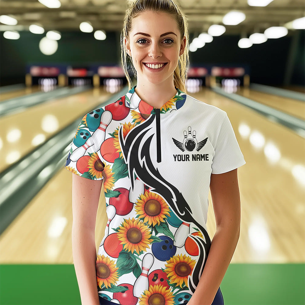 Custom Sunflower Bowling Pattern Quarter-Zip Shirt For Women, Sunflower Bowling Team Shirt IPHW8440