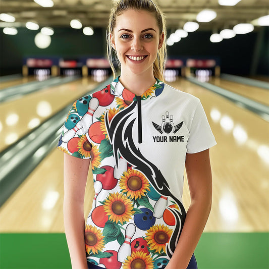 Custom Sunflower Bowling Pattern Quarter-Zip Shirt For Women, Sunflower Bowling Team Shirt IPHW8440