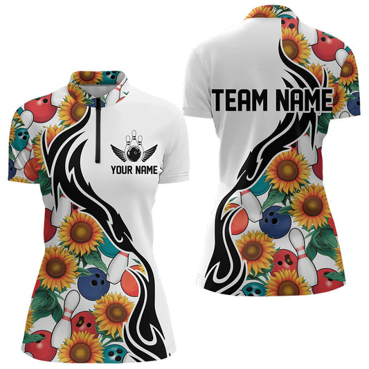Custom Sunflower Bowling Pattern Quarter-Zip Shirt For Women, Sunflower Bowling Team Shirt IPHW8440