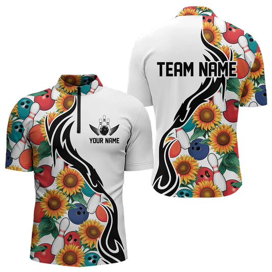Custom Sunflower Bowling Pattern Quarter-Zip Shirts For Men, Sunflower Bowling Team Shirts IPHW8440