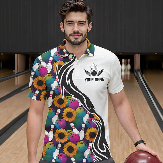Custom Sunflower Bowling Pattern Polo Shirts For Men, Sunflower Bowling Team Shirts IPHW8441