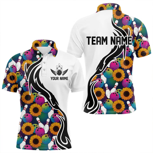 Custom Sunflower Bowling Pattern Polo Shirts For Men, Sunflower Bowling Team Shirts IPHW8441