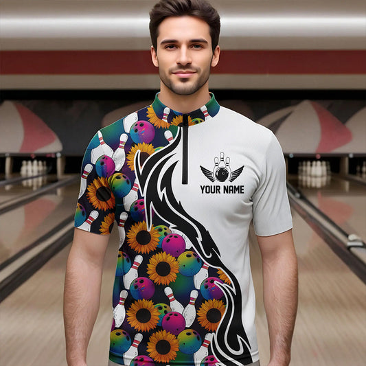 Custom Sunflower Bowling Pattern Quarter-Zip Shirts For Men, Sunflower Bowling Team Shirts IPHW8441