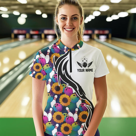 Custom Sunflower Bowling Pattern Quarter-Zip Shirt For Women, Sunflower Bowling Team Shirt IPHW8441