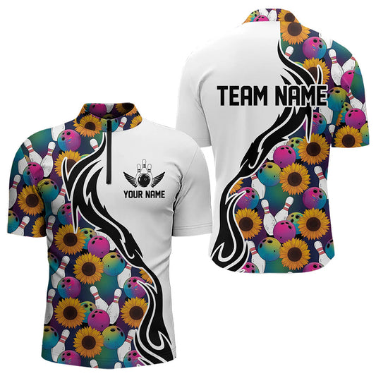 Custom Sunflower Bowling Pattern Quarter-Zip Shirts For Men, Sunflower Bowling Team Shirts IPHW8441