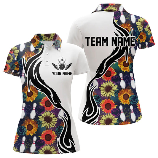 Custom Sunflower Bowling Pattern Polo Shirts For Women, Sunflower Bowling Team Shirts IPHW8442