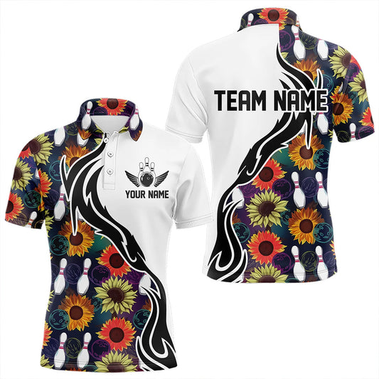 Custom Sunflower Bowling Pattern Polo Shirts For Men, Sunflower Bowling Team Shirts IPHW8442
