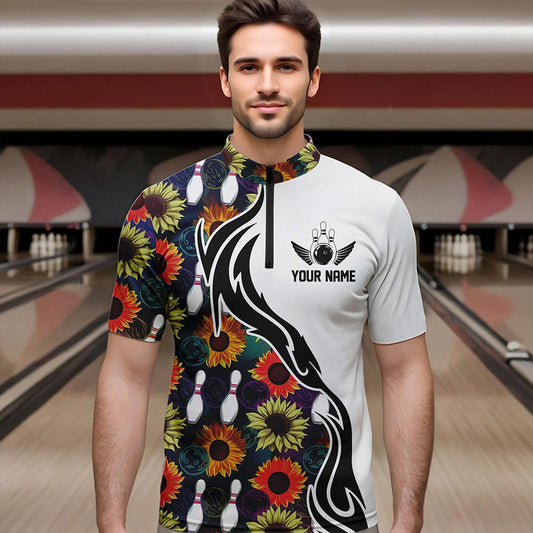Custom Sunflower Bowling Pattern Quarter-Zip Shirts For Men, Sunflower Bowling Team Shirts IPHW8442