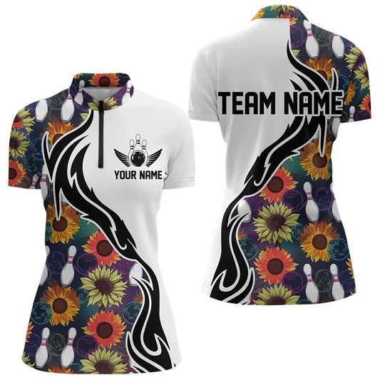 Custom Sunflower Bowling Pattern Quarter-Zip Shirt For Women, Sunflower Bowling Team Shirt IPHW8442