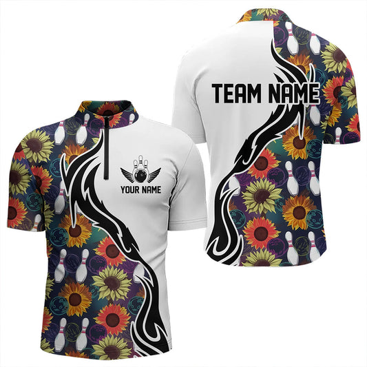 Custom Sunflower Bowling Pattern Quarter-Zip Shirts For Men, Sunflower Bowling Team Shirts IPHW8442