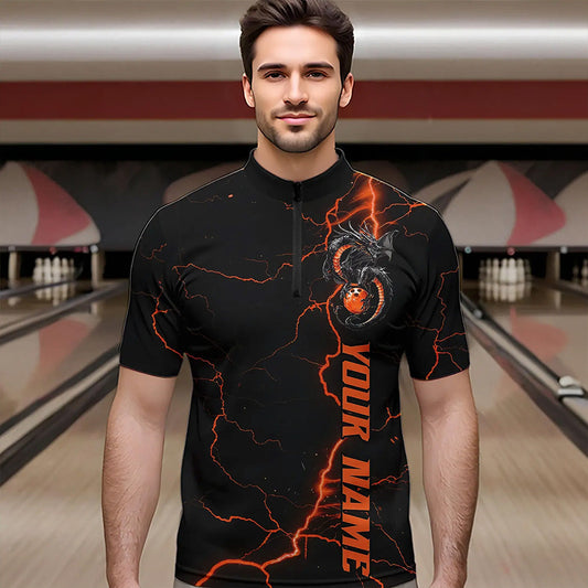 Black And Red Custom Dragon Bowling Quarter-Zip Shirts For Men, Dragon Bowling League Shirts Outfits IPHW8686