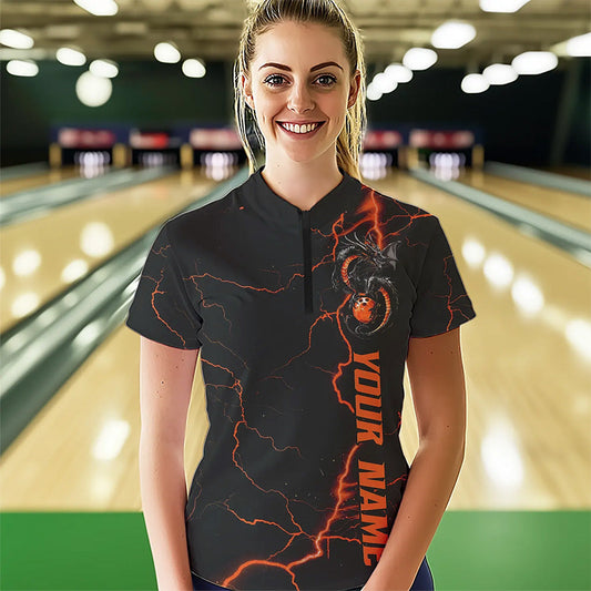 Black And Red Custom Dragon Bowling Womens Quarter-Zip Shirts, Dragon Bowling League Shirts IPHW8686