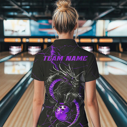 Black And Purple Custom Dragon Bowling Womens Quarter-Zip Shirts, Bowling League Shirts IPHW8687