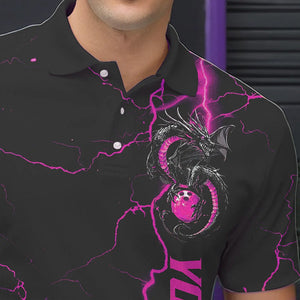 Black And Pink Custom Dragon Bowling Polo Shirts For Men, Dragon Bowling League Shirts IPHW8688