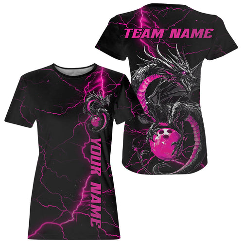Black And Pink Custom Dragon Bowling T-Shirts For Women, Dragon Bowling League IPHW8688