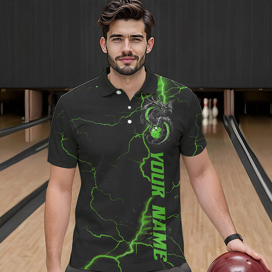 Black And Green Custom Dragon Bowling Polo Shirts For Men, Dragon Bowling League Shirts IPHW8689
