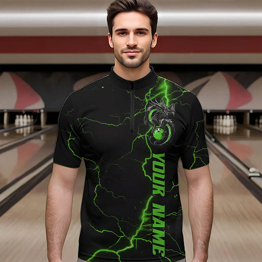 Black And Green Custom Dragon Bowling Quarter-Zip Shirts For Men, Dragon Bowling League Shirts IPHW8689