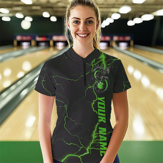 Black And Green Custom Dragon Bowling Womens Quarter-Zip Shirt, Dragon Bowling League Shirt IPHW8689