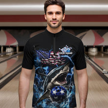 Load image into Gallery viewer, Custom Blue Lightning Patriotic Shark Bowling Team Men Quarter-Zip Shirts, US Flag Bowling Shirt IPHW8942