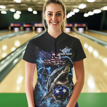 Load image into Gallery viewer, Custom Blue Lightning Patriotic Shark Bowling Team Women Quarter-Zip Shirt, US Flag Bowling IPHW8942