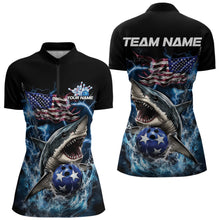 Load image into Gallery viewer, Custom Blue Lightning Patriotic Shark Bowling Team Women Quarter-Zip Shirt, US Flag Bowling IPHW8942