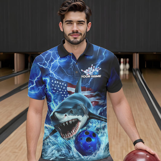 Custom Blue Lightning Patriotic Shark Bowling Team Men Polo Shirts, US Flag Bowling Shirt IPHW8943