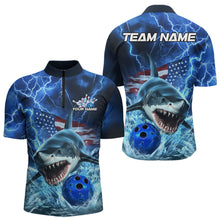 Load image into Gallery viewer, Custom Blue Lightning Patriotic Shark Bowling Team Men Quarter-Zip Shirts, US Flag Bowling Shirt IPHW8943
