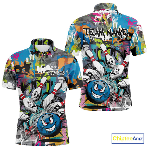 Custom Funny Graffity Bowling Polo Shirts For Men, Bowling Team Shirt IPHW9381