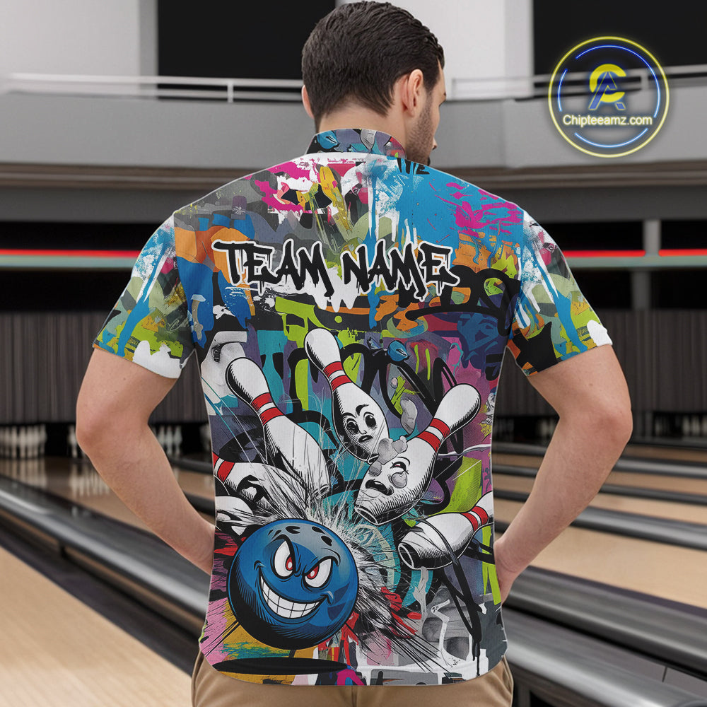 Custom Funny Graffity Bowling Quarter-Zip Shirts For Men, Bowling Team Shirt IPHW9381