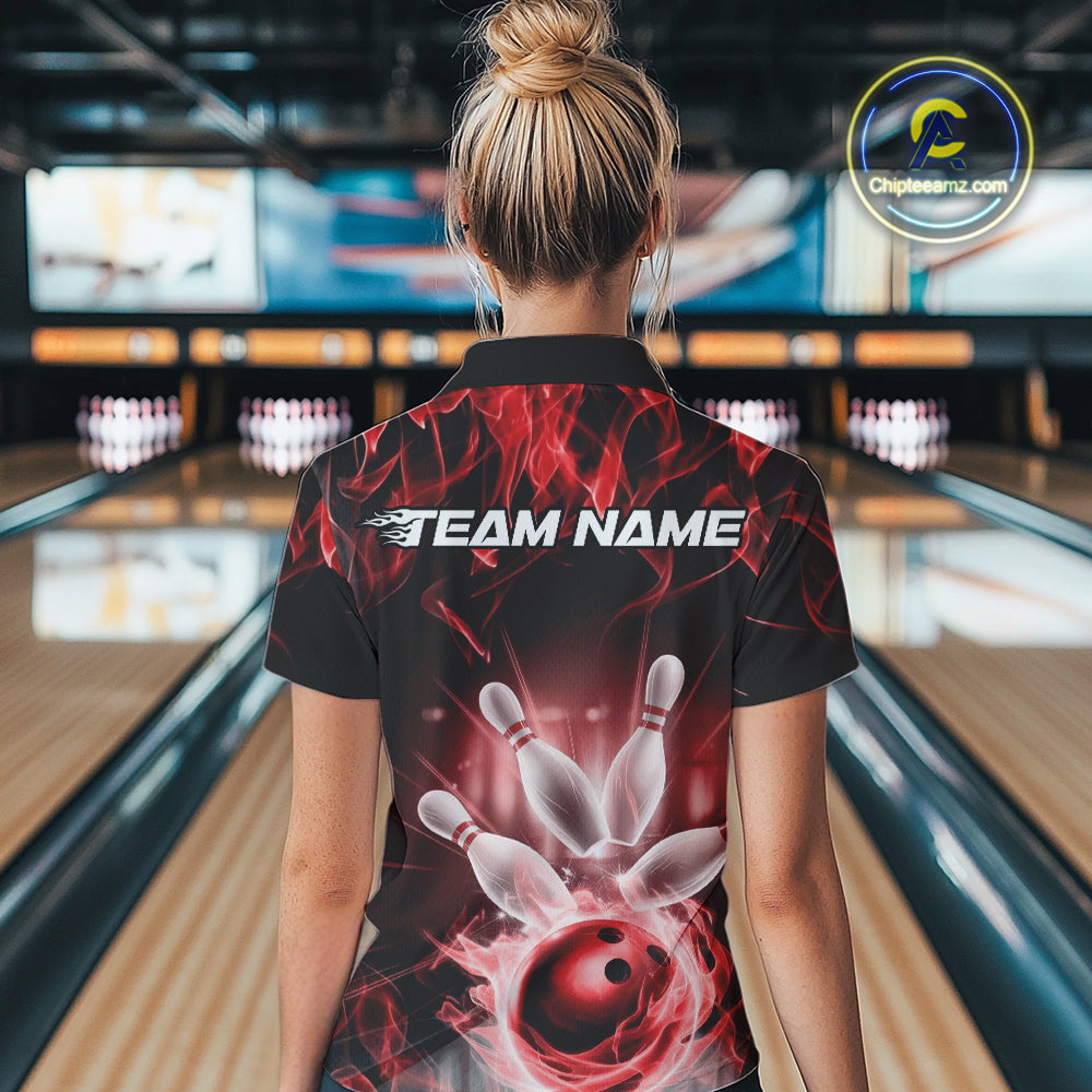 Custom Black And Red Flame Bowling Women Quarter-Zip Shirts, Fire Bowling League Shirt IPHW9388