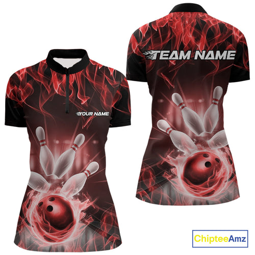 Custom Black And Red Flame Bowling Women Quarter-Zip Shirts, Fire Bowling League Shirt IPHW9388