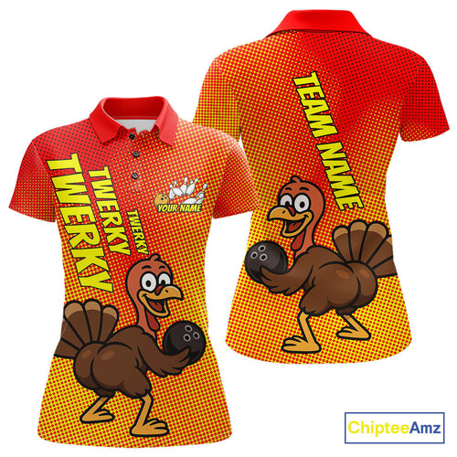 Custom Funny Twerky Turkey Bowling Polo Shirts For Women, Thanksgiving Bowling Shirt IPHW9764