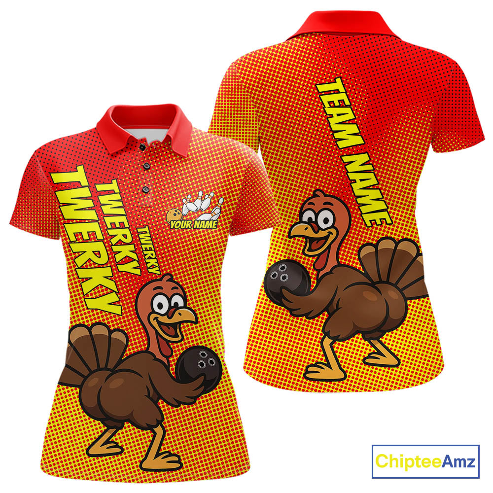 Custom Funny Twerky Turkey Bowling Polo Shirts For Women, Thanksgiving Bowling Shirt IPHW9764