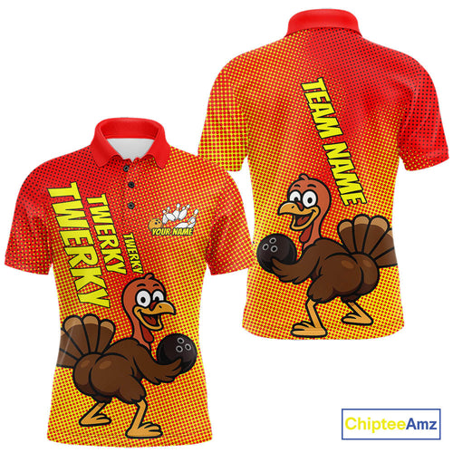 Custom Funny Twerky Turkey Bowling Polo Shirts For Men, Thanksgiving Bowling Shirt IPHW9764