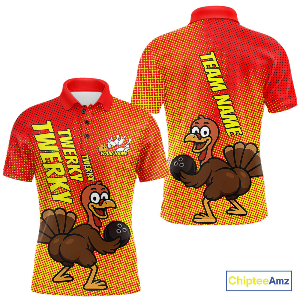 Custom Funny Twerky Turkey Bowling Polo Shirts For Men, Thanksgiving Bowling Shirt IPHW9764
